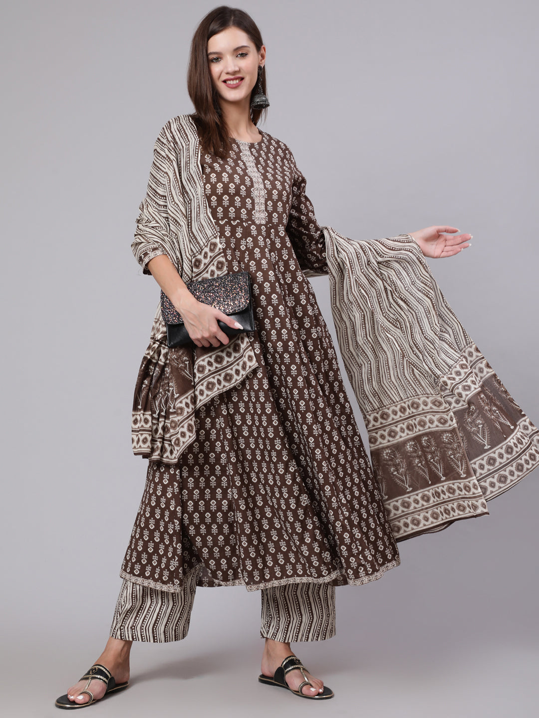 Cotton Calf Length Printed Flared 3/4 Sleeve Round Neck Kurta Bottom Dupatta Set