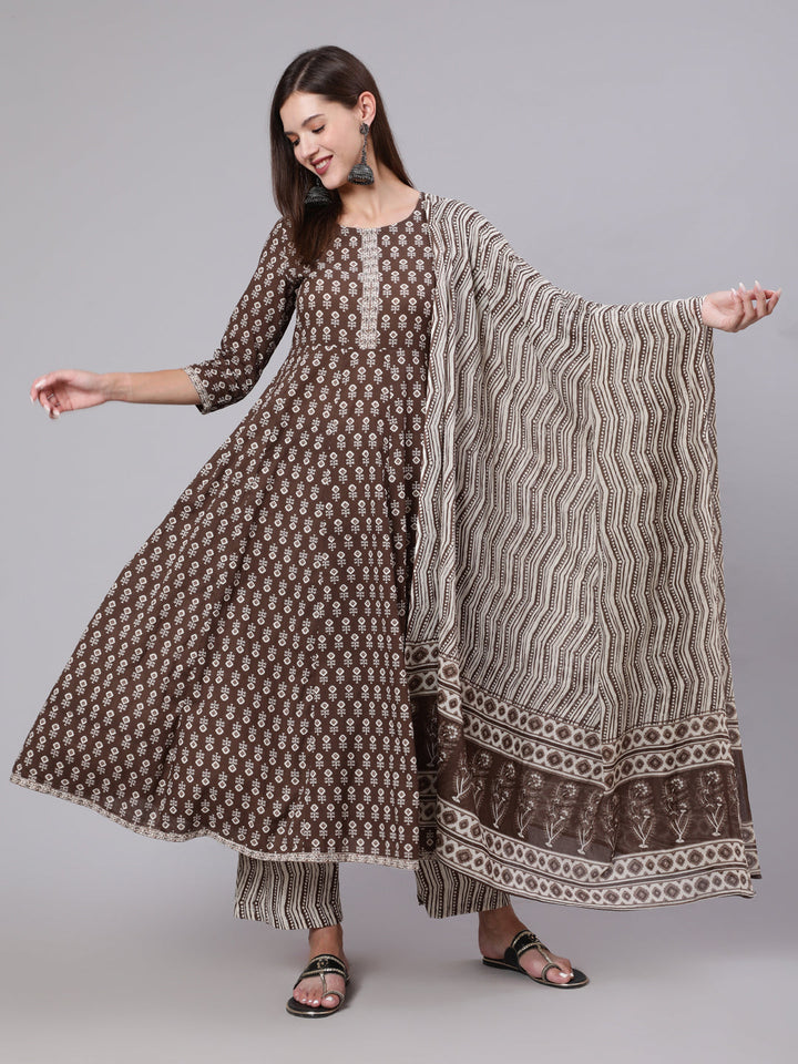 Cotton Calf Length Printed Flared 3/4 Sleeve Round Neck Kurta Bottom Dupatta Set