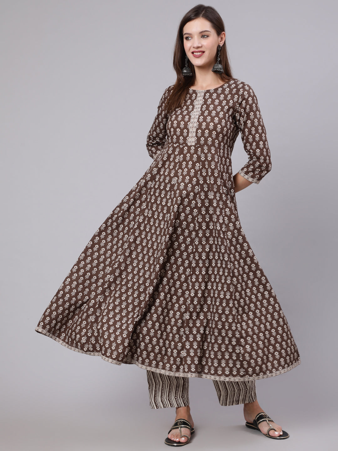 Cotton Calf Length Printed Flared 3/4 Sleeve Round Neck Kurta Bottom Dupatta Set