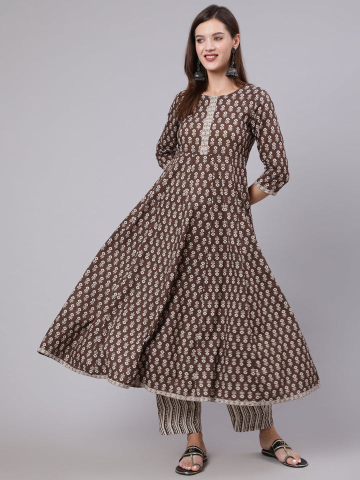 Cotton Calf Length Printed Flared 3/4 Sleeve Round Neck Kurta Bottom Dupatta Set