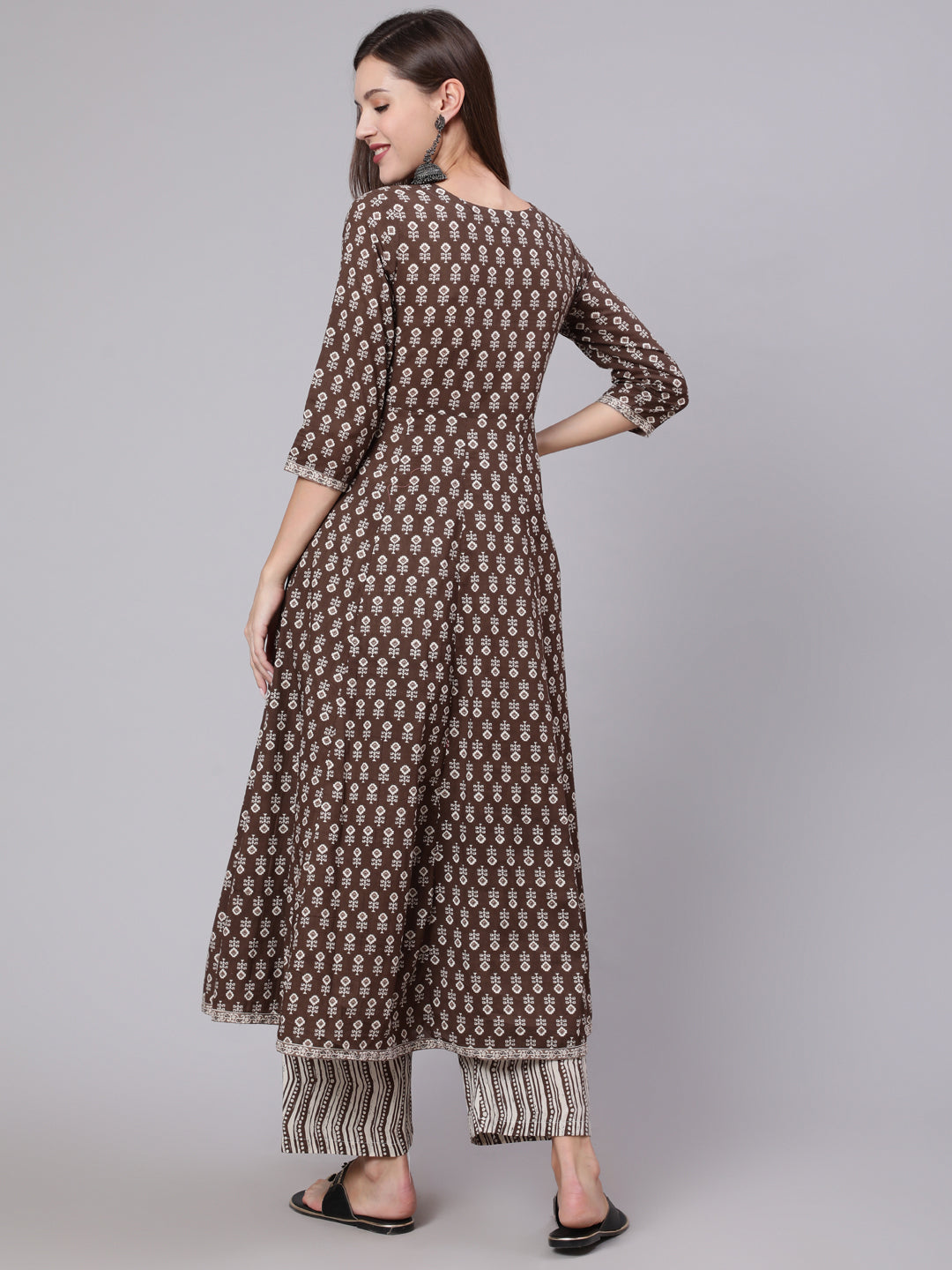 Cotton Calf Length Printed Flared 3/4 Sleeve Round Neck Kurta Bottom Dupatta Set