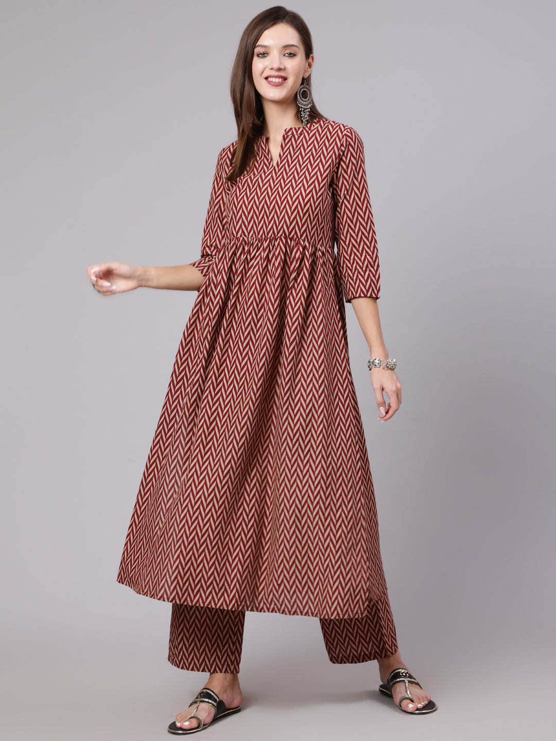 Rayon Calf Length Printed Semi Flared 3/4 Sleeve Collar Neck Kurta Bottom
