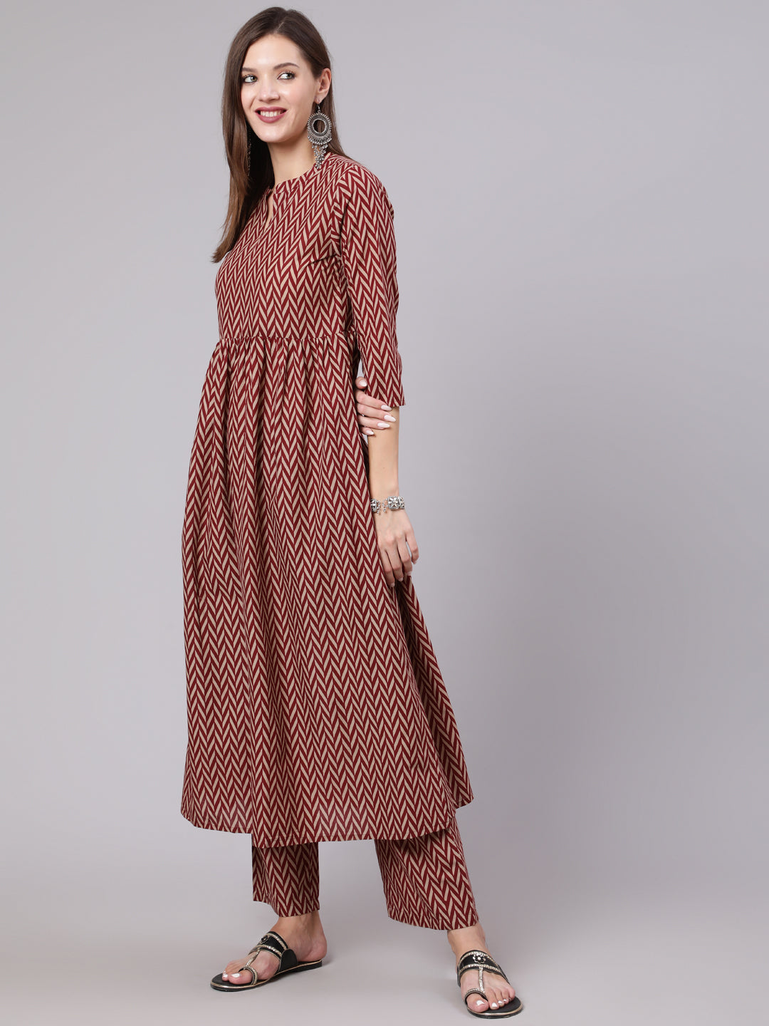 Rayon Calf Length Printed Semi Flared 3/4 Sleeve Collar Neck Kurta Bottom