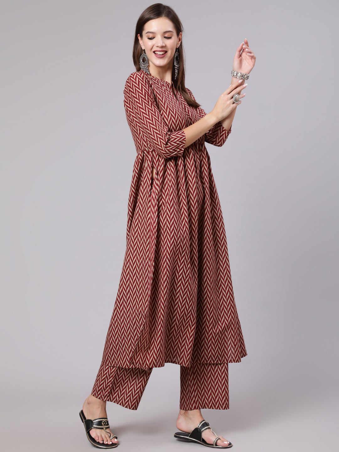 Rayon Calf Length Printed Semi Flared 3/4 Sleeve Collar Neck Kurta Bottom