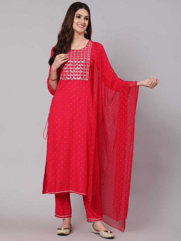 Rayon Calf Length Foil Print Straight 3/4 Sleeve Round Neck Kurta Pant Dupatta Set