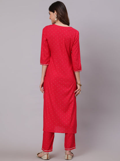 Rayon Calf Length Foil Print Straight 3/4 Sleeve Round Neck Kurta Pant Dupatta Set