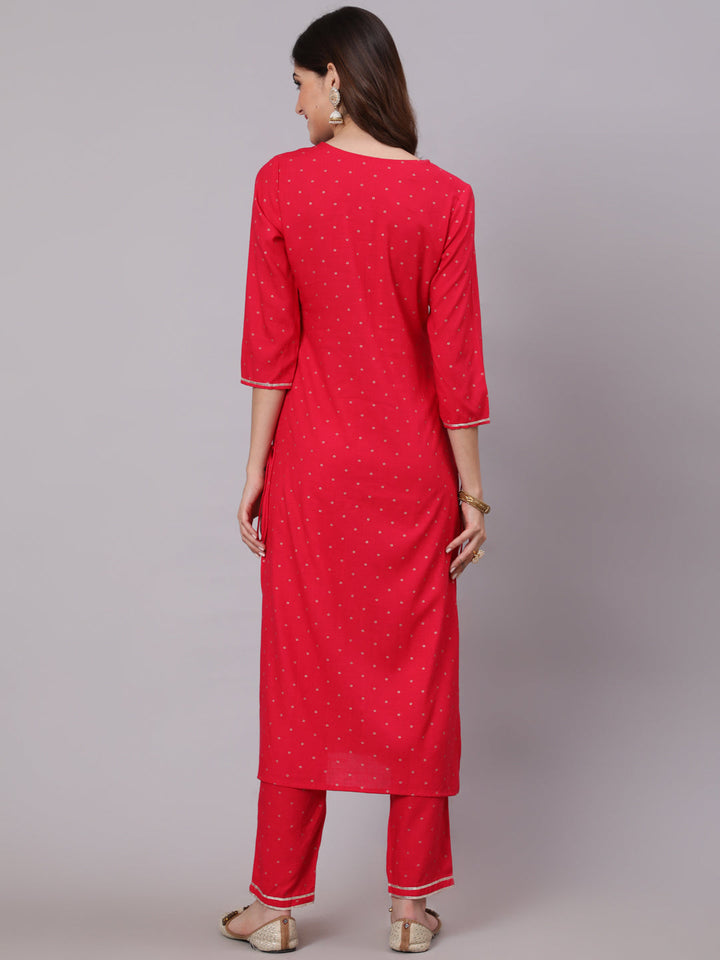 Rayon Calf Length Foil Print Straight 3/4 Sleeve Round Neck Kurta Pant Dupatta Set