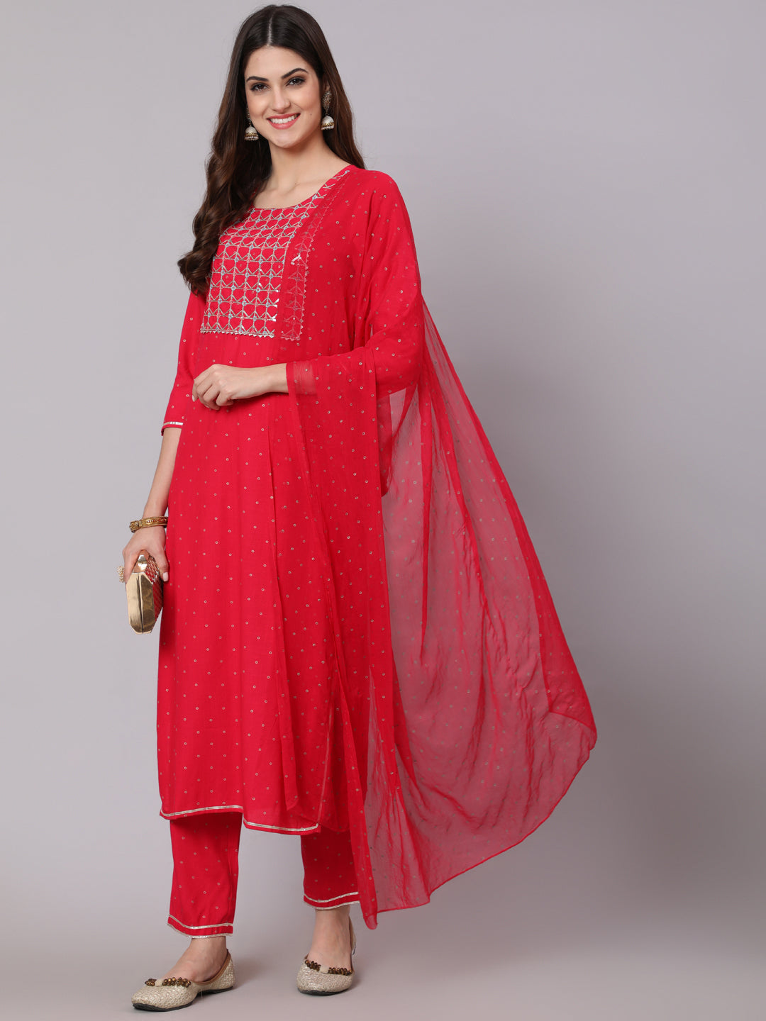 Rayon Calf Length Foil Print Straight 3/4 Sleeve Round Neck Kurta Pant Dupatta Set