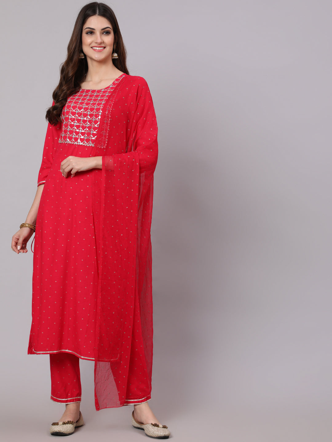 Rayon Calf Length Foil Print Straight 3/4 Sleeve Round Neck Kurta Pant Dupatta Set