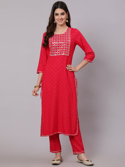 Rayon Calf Length Foil Print Straight 3/4 Sleeve Round Neck Kurta Pant Dupatta Set
