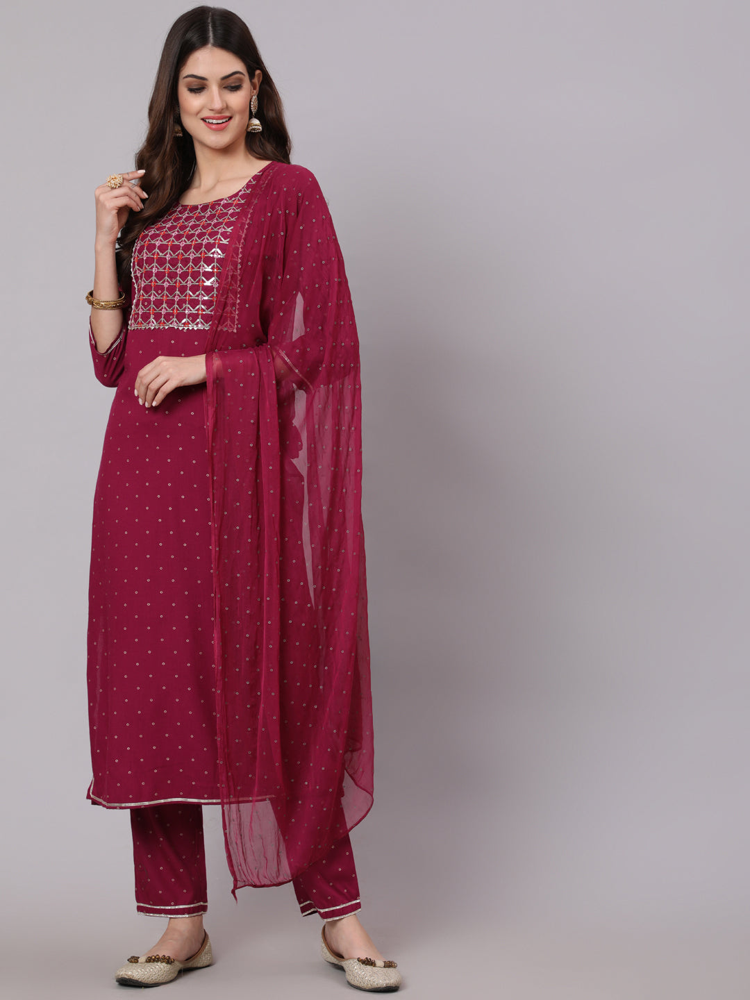 Rayon Calf Length Foil Print Straight 3/4 Sleeve Round Neck Kurta Pant Dupatta Set