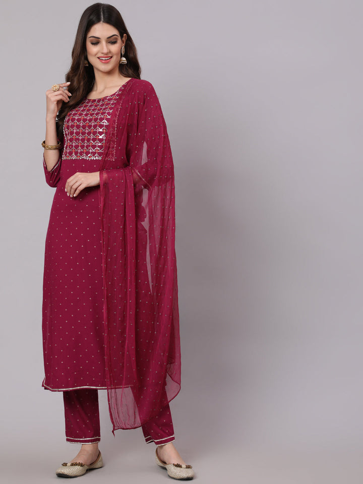 Rayon Calf Length Foil Print Straight 3/4 Sleeve Round Neck Kurta Pant Dupatta Set