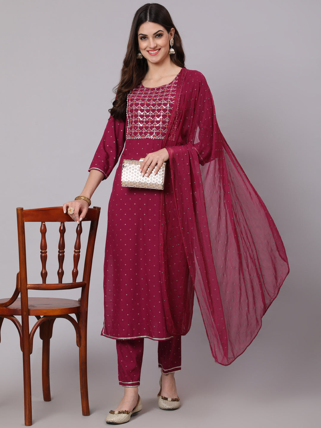Rayon Calf Length Foil Print Straight 3/4 Sleeve Round Neck Kurta Pant Dupatta Set