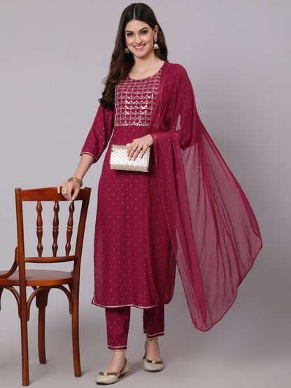Rayon Calf Length Foil Print Straight 3/4 Sleeve Round Neck Kurta Pant Dupatta Set