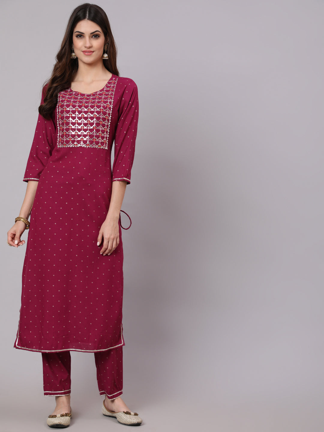 Rayon Calf Length Foil Print Straight 3/4 Sleeve Round Neck Kurta Pant Dupatta Set