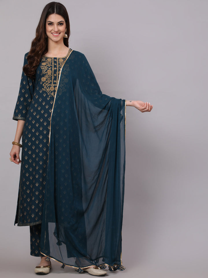 Rayon Calf Length Printed Straight 3/4 Sleeve Round Neck Kurta Pant Dupatta Set