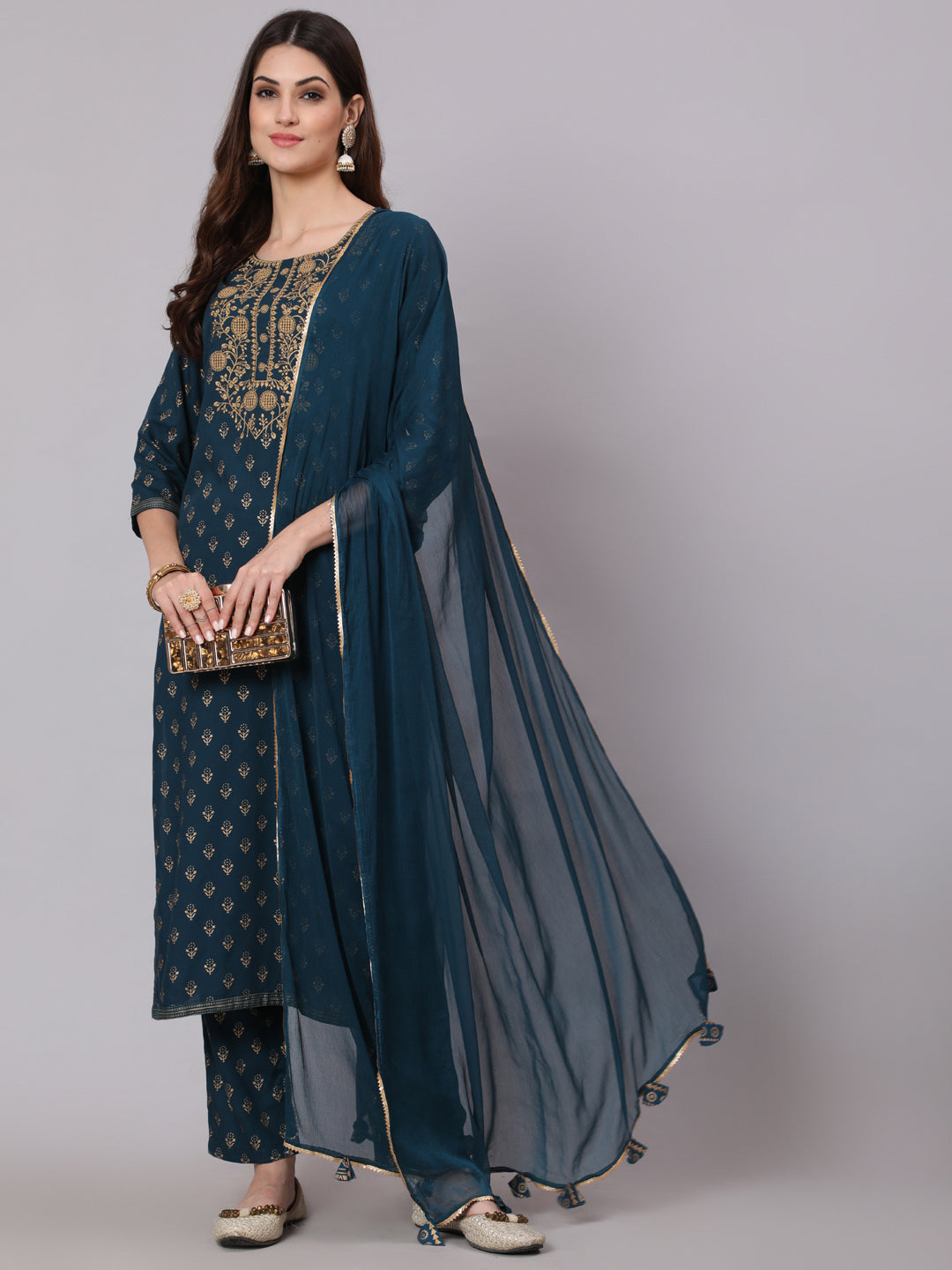 Rayon Calf Length Printed Straight 3/4 Sleeve Round Neck Kurta Pant Dupatta Set