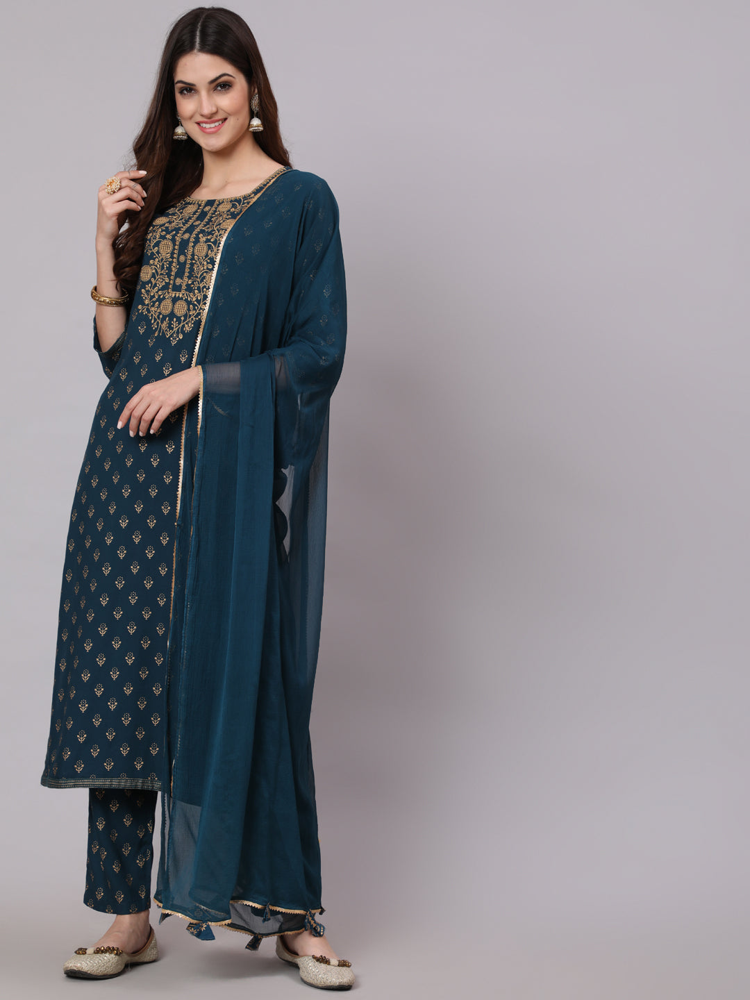 Rayon Calf Length Printed Straight 3/4 Sleeve Round Neck Kurta Pant Dupatta Set