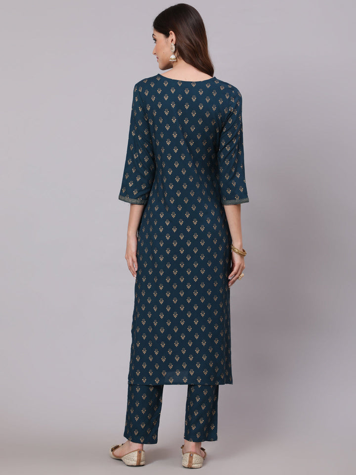 Rayon Calf Length Printed Straight 3/4 Sleeve Round Neck Kurta Pant Dupatta Set