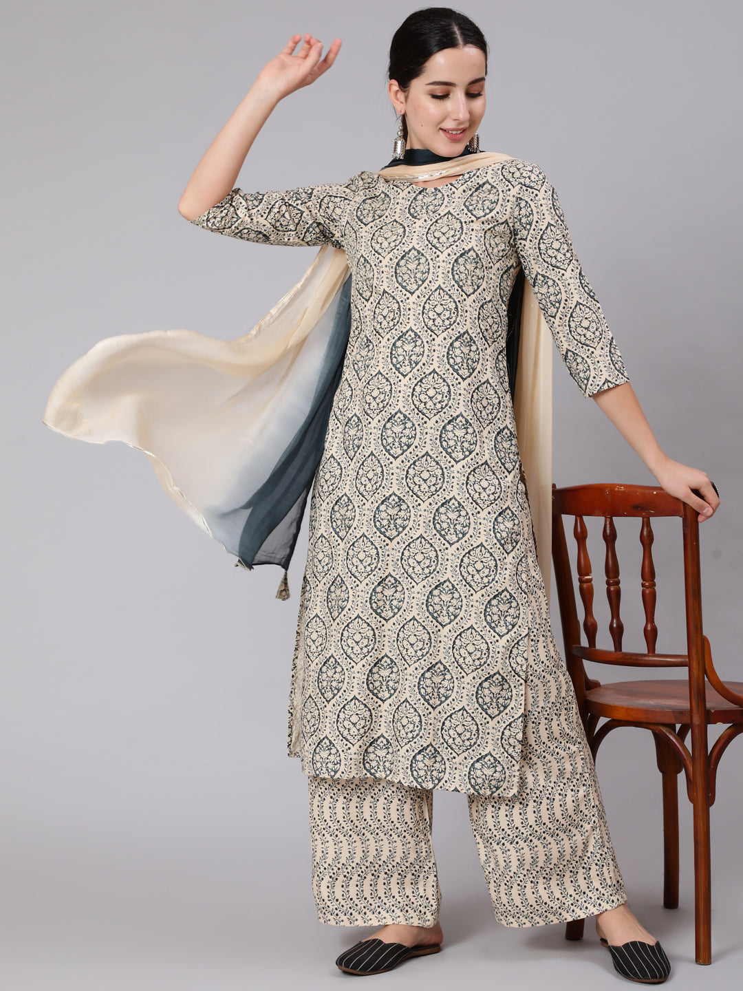 Rayon Calf Length Printed Straight 3/4 Sleeve Round Neck Kurta Pant Dupatta Set