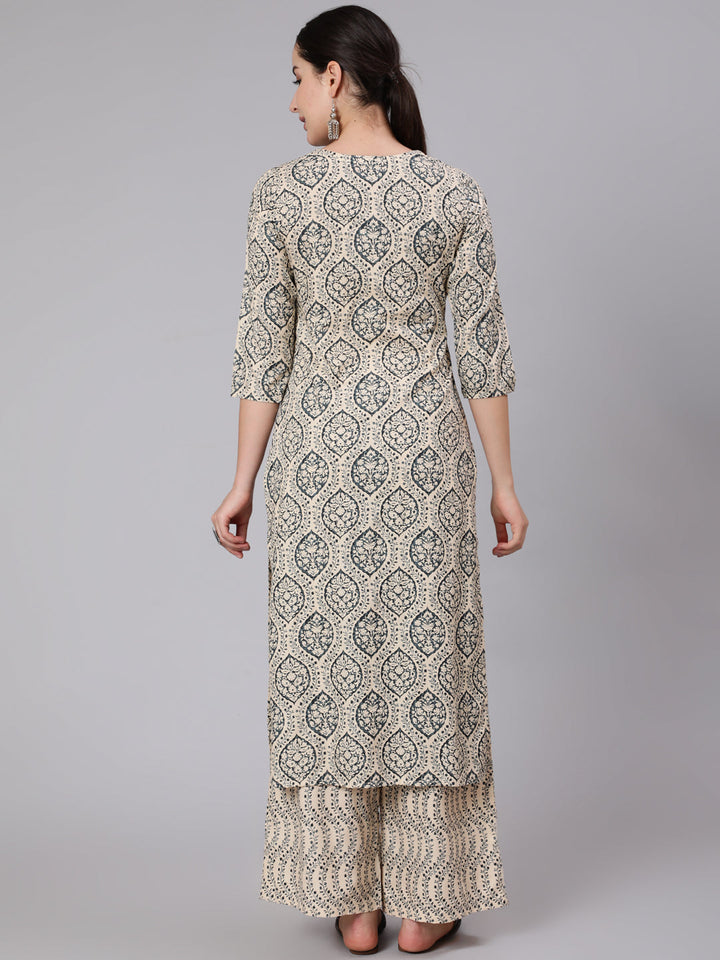 Rayon Calf Length Printed Straight 3/4 Sleeve Round Neck Kurta Pant Dupatta Set