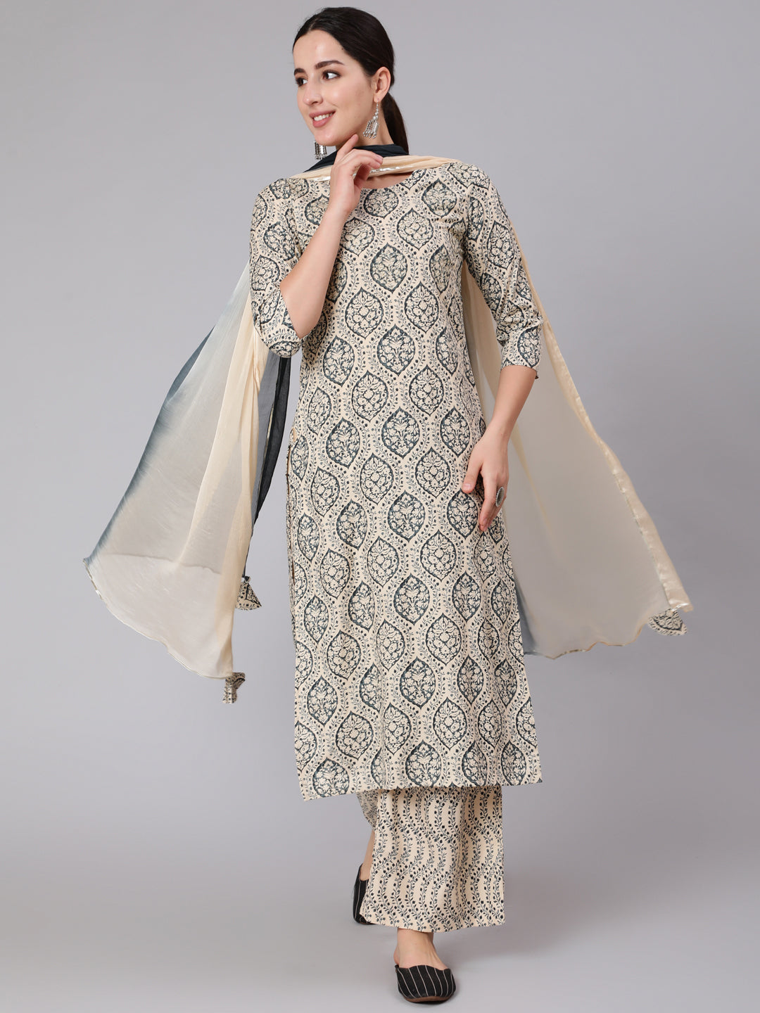 Rayon Calf Length Printed Straight 3/4 Sleeve Round Neck Kurta Pant Dupatta Set
