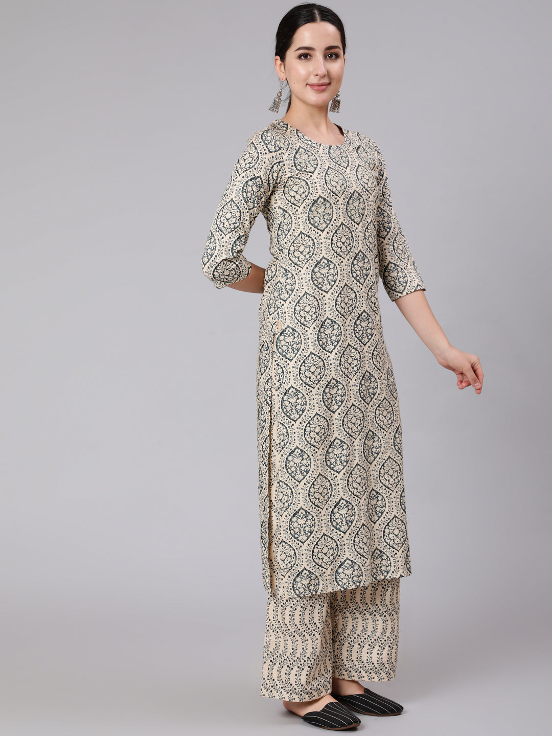 Rayon Calf Length Printed Straight 3/4 Sleeve Round Neck Kurta Pant Dupatta Set