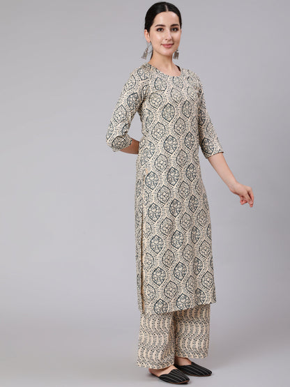 Rayon Calf Length Printed Straight 3/4 Sleeve Round Neck Kurta Pant Dupatta Set