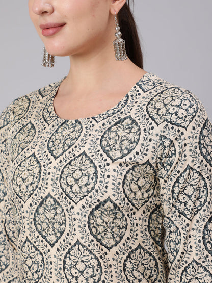 Rayon Calf Length Printed Straight 3/4 Sleeve Round Neck Kurta Pant Dupatta Set