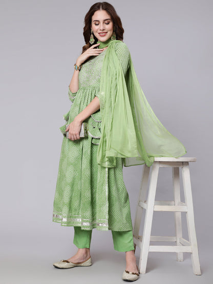 Cotton Calf Length Printed Sami Flared 3/4 Sleeve Round Neck Kurta Pant Dupatta Set