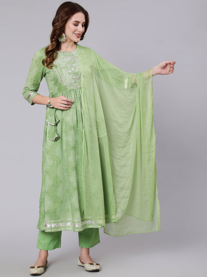 Cotton Calf Length Printed Sami Flared 3/4 Sleeve Round Neck Kurta Pant Dupatta Set