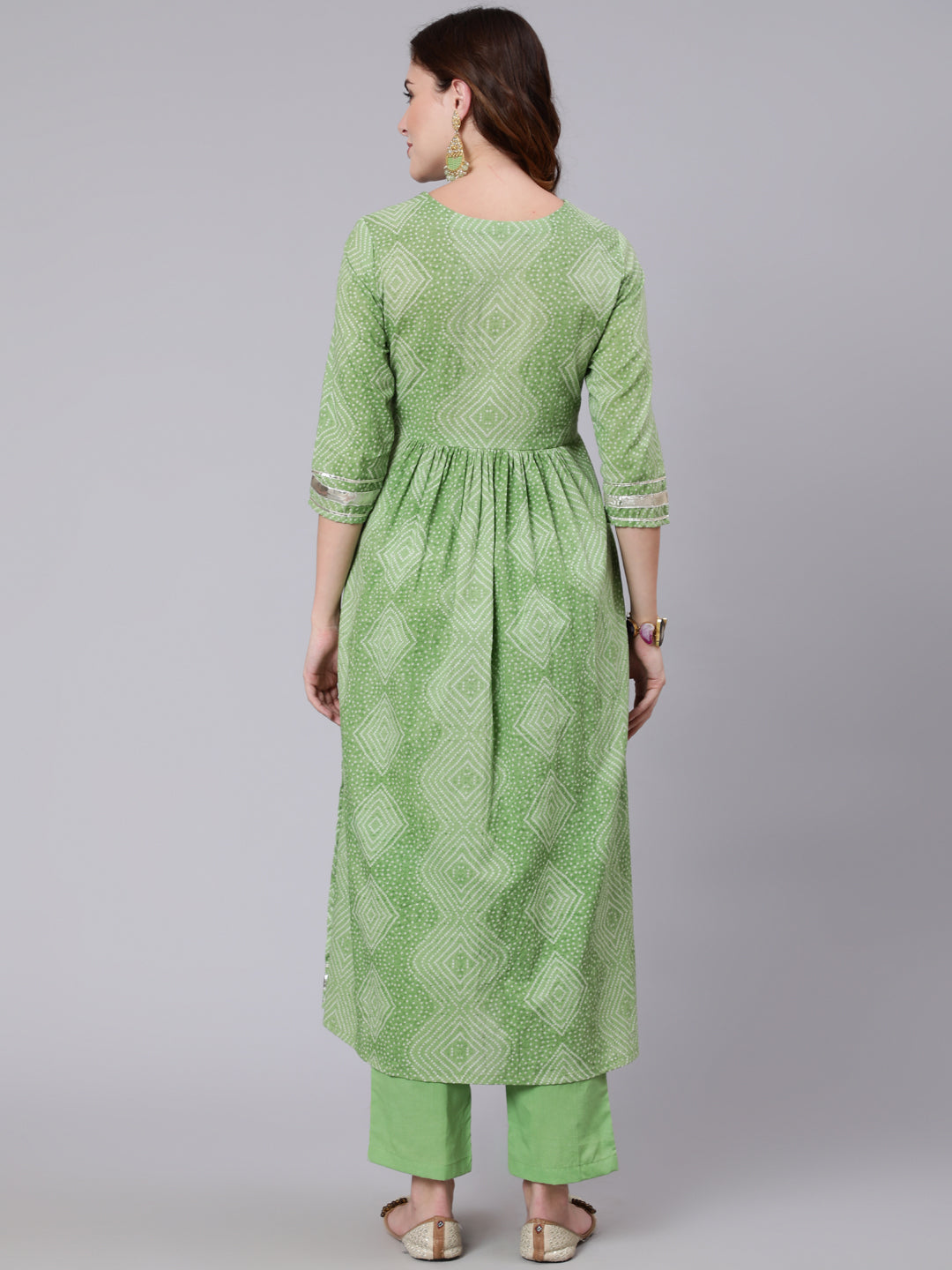 Cotton Calf Length Printed Sami Flared 3/4 Sleeve Round Neck Kurta Pant Dupatta Set