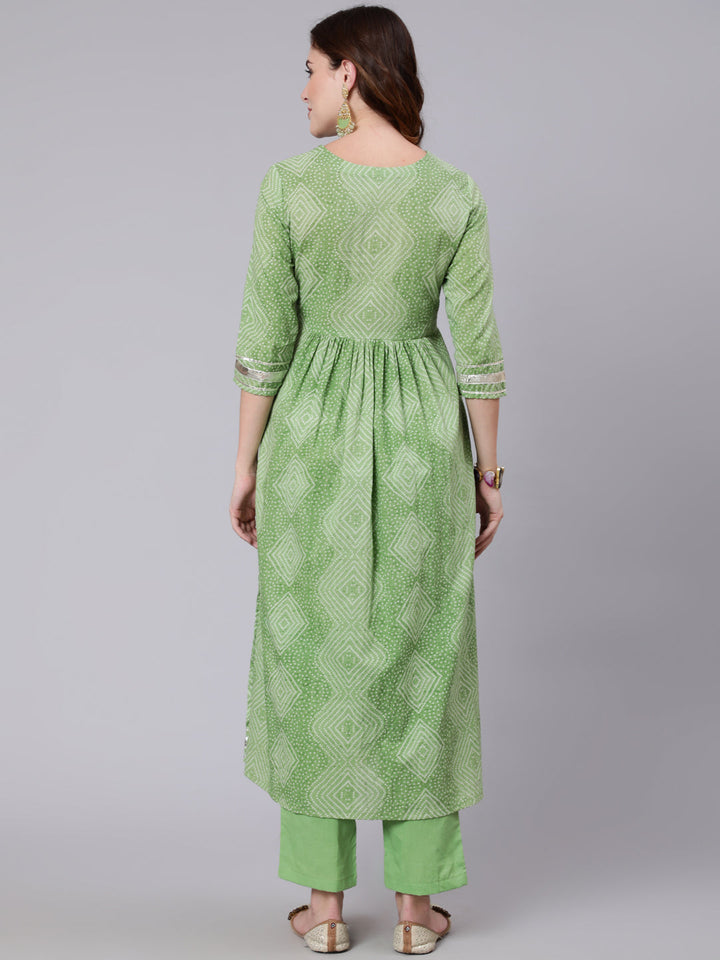 Cotton Calf Length Printed Sami Flared 3/4 Sleeve Round Neck Kurta Pant Dupatta Set