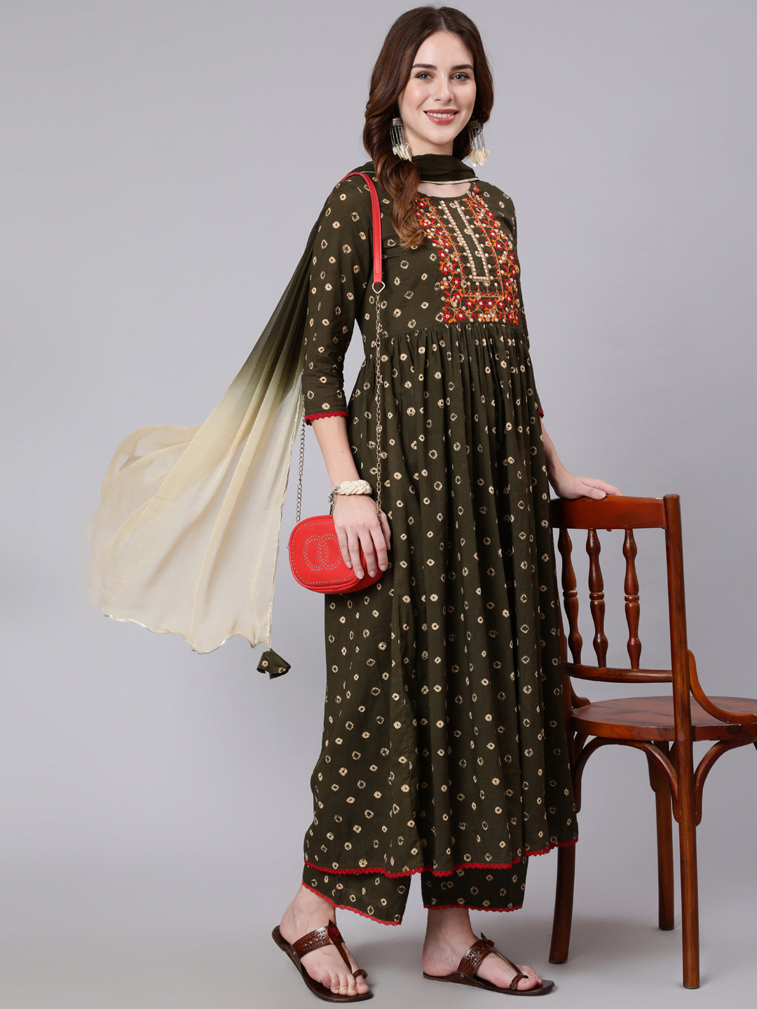 Rayon Calf Length Printed Semi Flared 3/4 Sleeve Round Neck Kurta Dupatta Pant Set