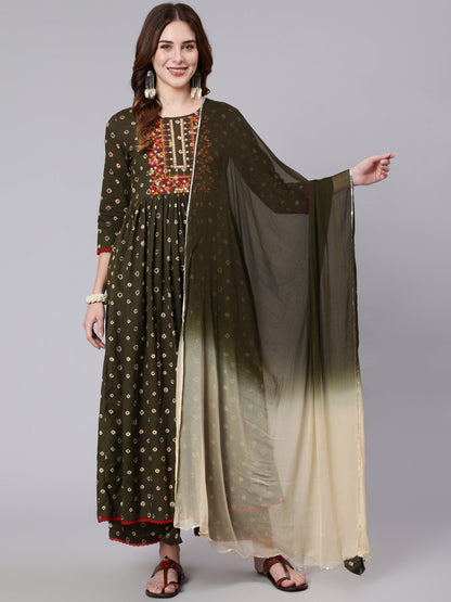 Rayon Calf Length Printed Semi Flared 3/4 Sleeve Round Neck Kurta Dupatta Pant Set