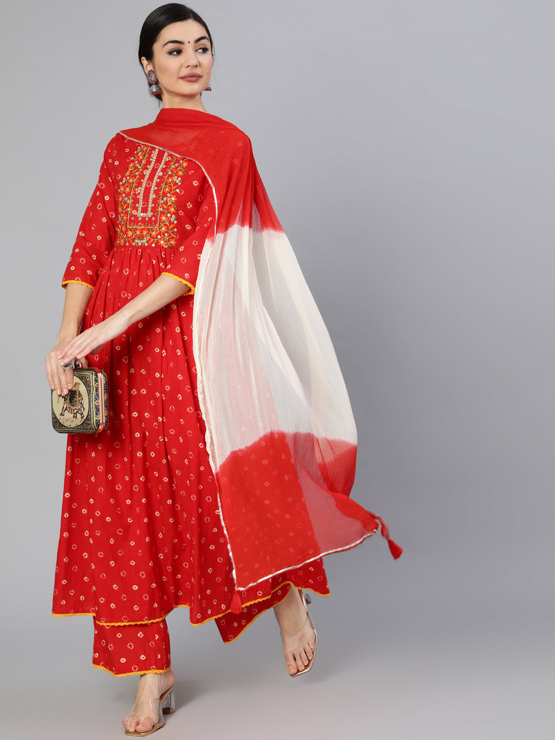 Rayon Calf Length Printed Semi Flared 3/4 Sleeve Round Neck Kurta Dupatta Pant Set