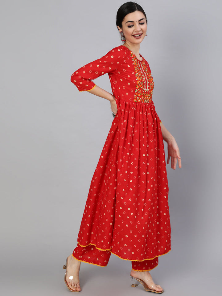 Rayon Calf Length Printed Semi Flared 3/4 Sleeve Round Neck Kurta Dupatta Pant Set