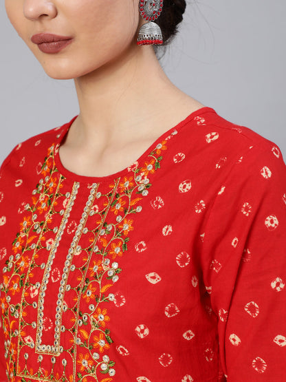 Rayon Calf Length Printed Semi Flared 3/4 Sleeve Round Neck Kurta Dupatta Pant Set