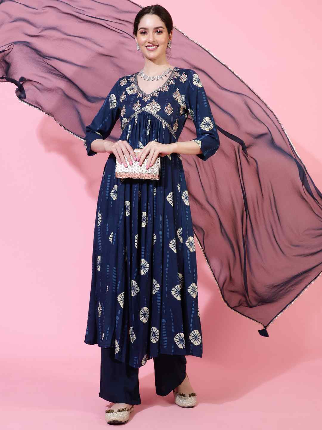 Rayon  Calf Length Printed Flared 3/4 Sleeves V-Neck Kurta Bottom Dupatta Set