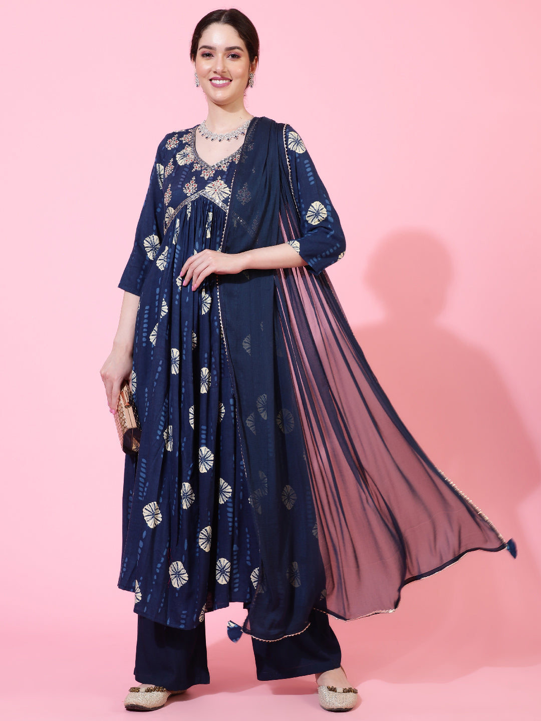 Rayon  Calf Length Printed Flared 3/4 Sleeves V-Neck Kurta Bottom Dupatta Set