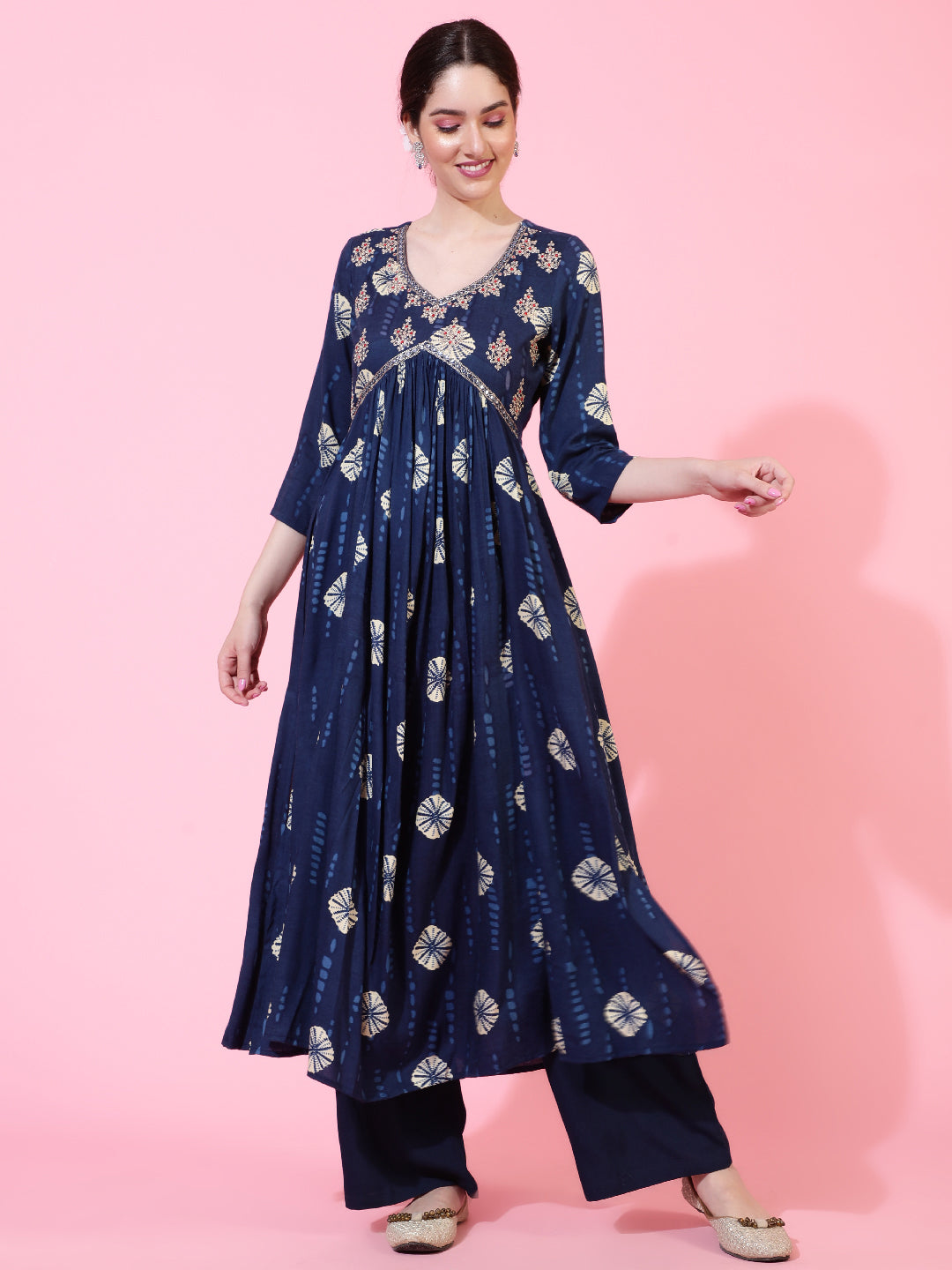 Rayon  Calf Length Printed Flared 3/4 Sleeves V-Neck Kurta Bottom Dupatta Set