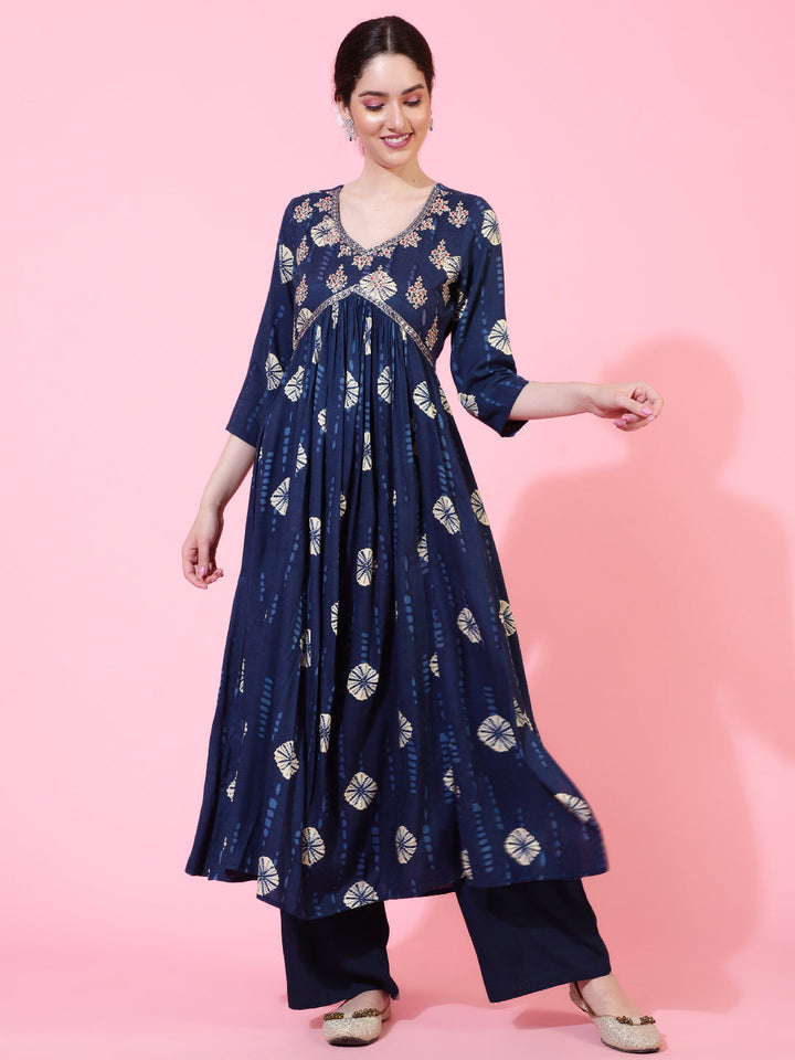 Rayon  Calf Length Printed Flared 3/4 Sleeves V-Neck Kurta Bottom Dupatta Set
