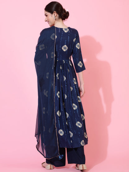 Rayon  Calf Length Printed Flared 3/4 Sleeves V-Neck Kurta Bottom Dupatta Set