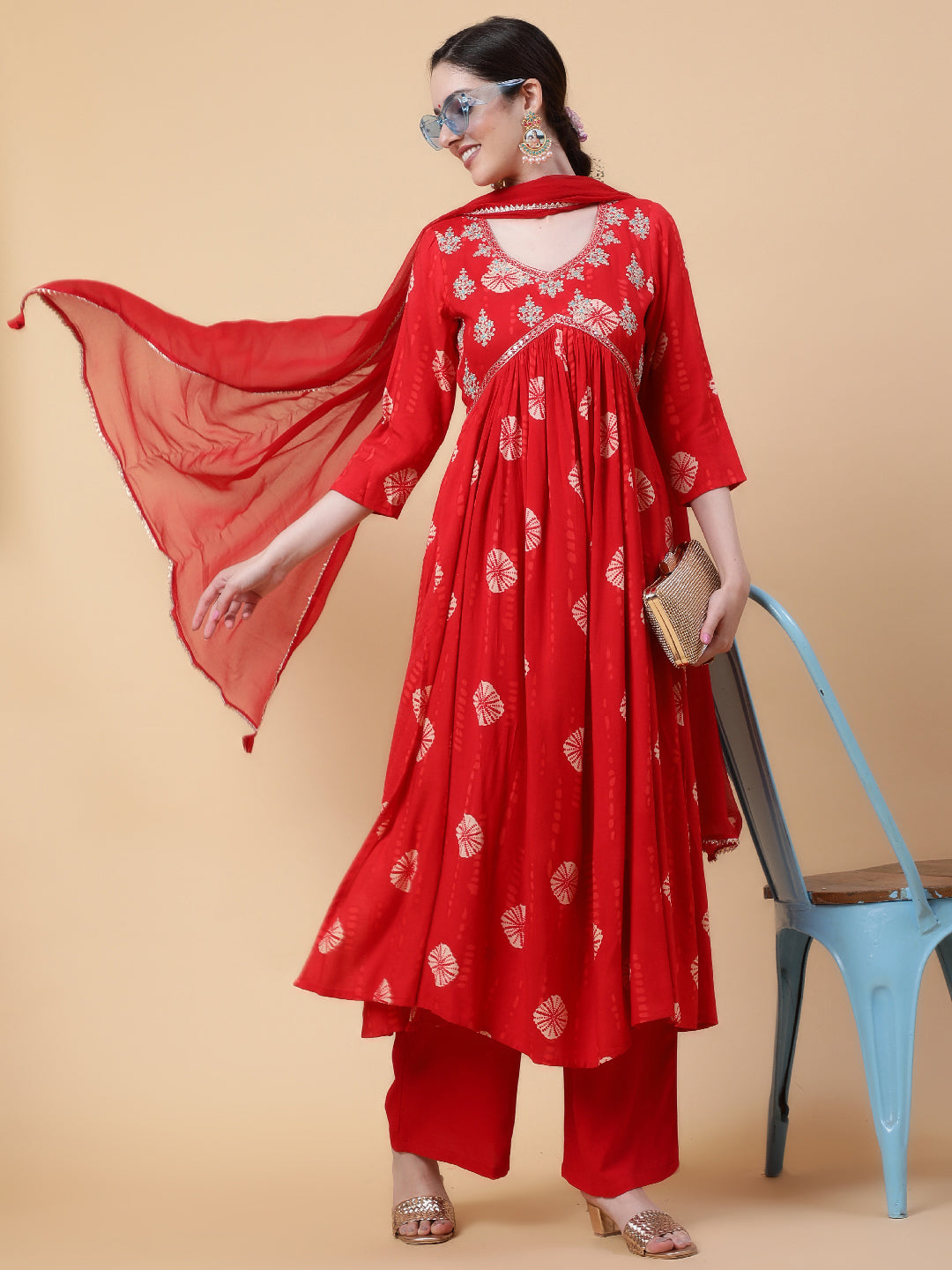 Rayon  Calf Length Printed Flared 3/4 Sleeves V-Neck Kurta Bottom Dupatta Set