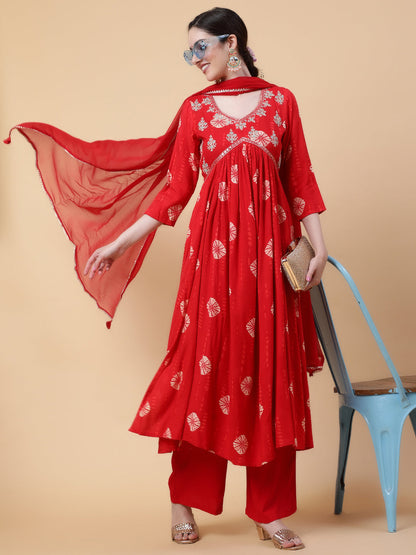 Rayon  Calf Length Printed Flared 3/4 Sleeves V-Neck Kurta Bottom Dupatta Set