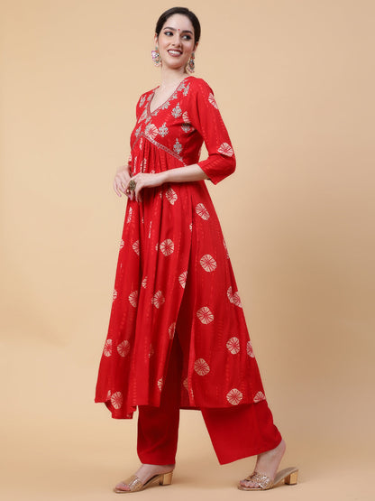 Rayon  Calf Length Printed Flared 3/4 Sleeves V-Neck Kurta Bottom Dupatta Set