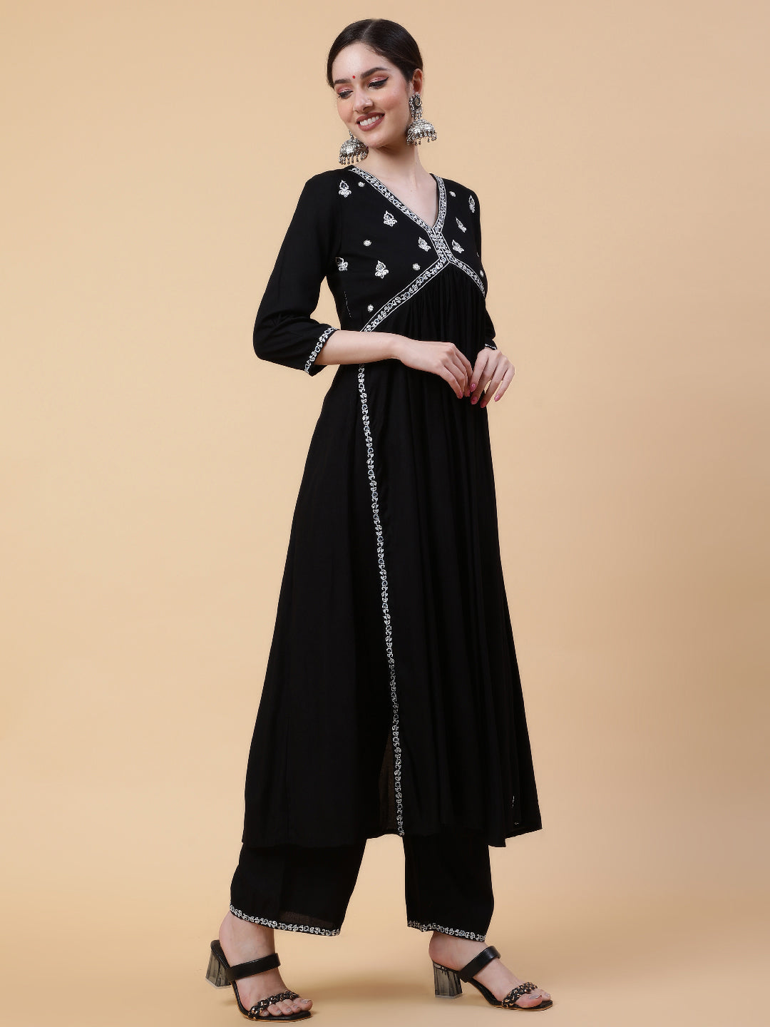 Rayon  Calf Length Solid Flared 3/4 Sleeves V-Neck Kurta Bottom Set