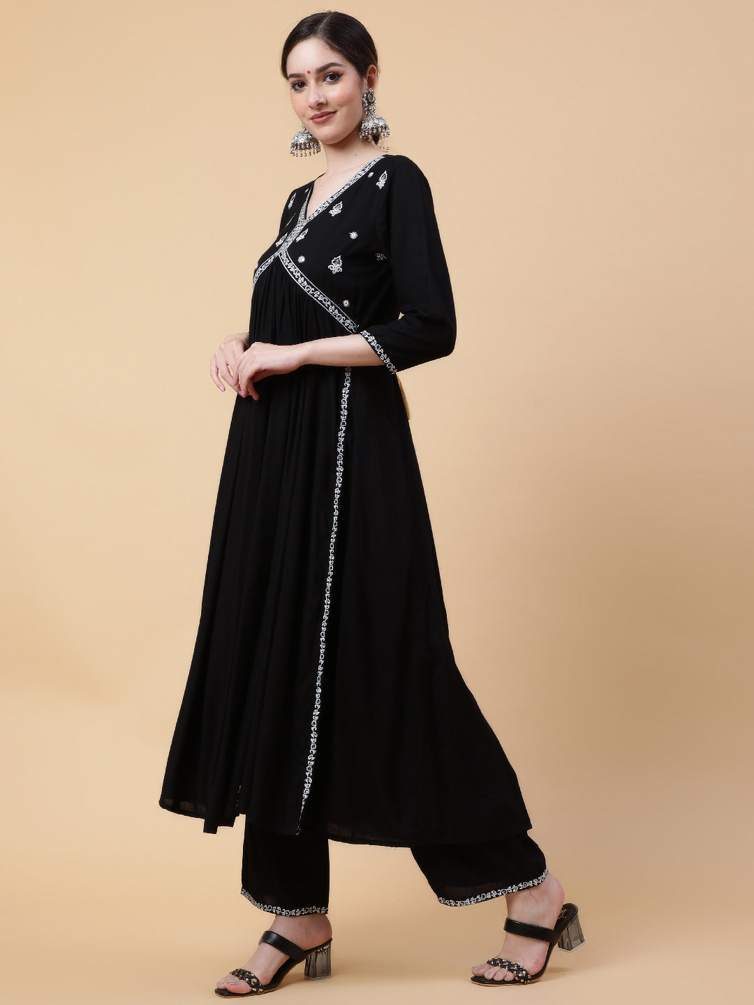 Rayon  Calf Length Solid Flared 3/4 Sleeves V-Neck Kurta Bottom Set