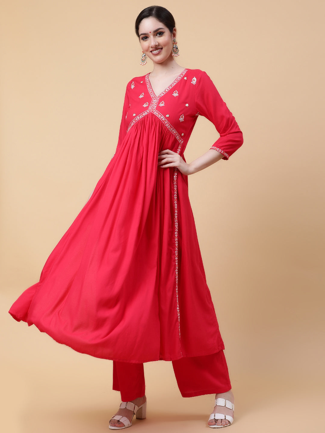 Rayon  Calf Length Solid Flared 3/4 Sleeves V-Neck Kurta Bottom Set