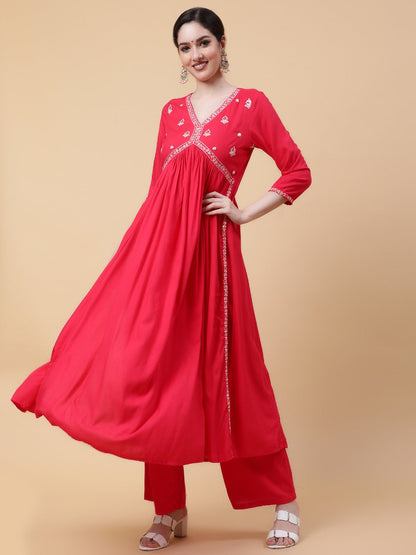 Rayon  Calf Length Solid Flared 3/4 Sleeves V-Neck Kurta Bottom Set